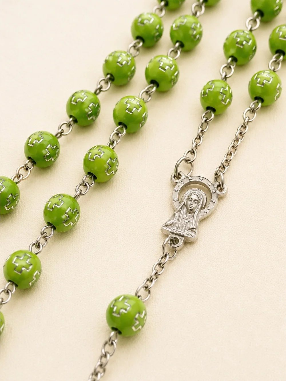 Catholic Lime Green Beaded Rosary Silver Crucifix Mary Cross Prayer Beads